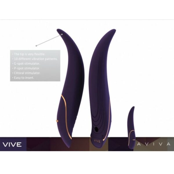 VIVE Aviva Black luksusvibraatoril on 10 erinevat vibratsioonirežiimi. Nii kliitori - kui ka G-punkti stimulaator, et saada naudinguid ka vaginaalselt ja anaalselt. Taaslaetav ja veekindel.