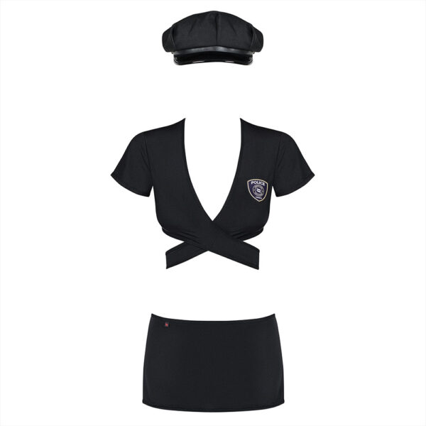 4-osaline kuum naispolitseiniku komplekt sisaldab mütsi, reguleeritavate paeltega topi, seksikat miniseelikut ja stringe.