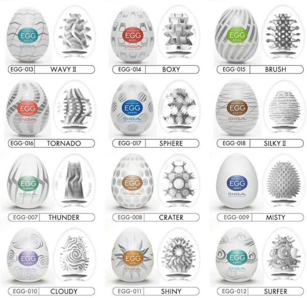 Tenga Egg kõikide mudelite nimed ja struktuurid. Lisanduvad eriväljaanded, mida tabelis ei ole väljatoodud.