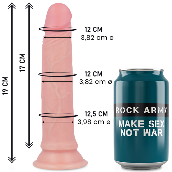 Iminapaga dildo Rock Army Avenger kogupikkus on 19cm, millest sisestatava osa pikkus 17cm. Ülemise ja keskmise osa läbimõõt ehk jämedus 3.82cm ja alumise osa jämedus 3.98cm.